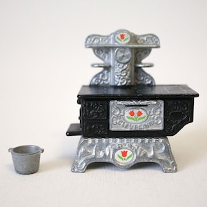 Vintage 1980 Mattel Inc Miniature Metal Stove Oven with Pot | Doll House Accessories Stove Oven