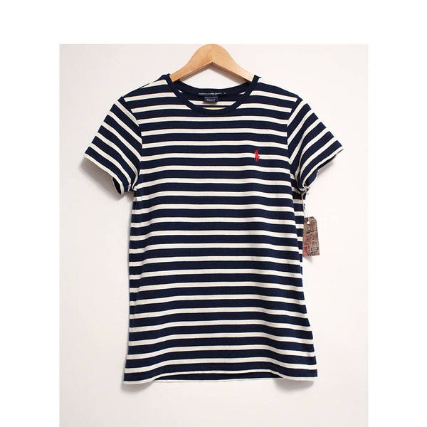 Vintage Ralph Lauren Sport Navy Blue & White Stripes Knit Short Sleeve Shirt- Size Juniors Large (Cotton)