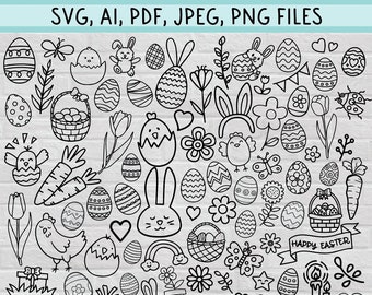 Ultimate Easter and Spring Doodle Digital File Clipart Bundle (SVG, PNG, JPEG) - Hand drawn Easter Bunny, Eggs, Flowers, Chickens