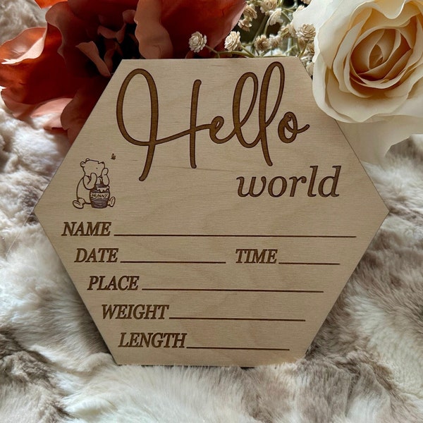 Pooh Bear Hello World Wood Welcome Sign, Winnie the Pooh Birth Announcement for Photography, Piglet, Tiger and Eeyore Baby Photo Props