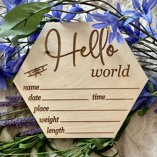 Airplane Hello World Wood Welcome Sign, Pilot Announcement for Newborn, Aircraft and Plane Photo Props for Babies