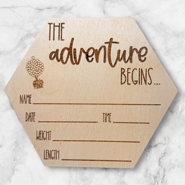 Birth Announcement Sign The Adventure Begins Wood Welcome Decor Disney Pixar Nursery Up Paradise Falls Wilderness Explorer Baby Shower Gift