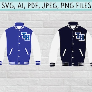 May include: Two varsity jackets with white sleeves and a blue or black body. The jackets have a white stripe around the cuffs and collar. The letters "TH" are on the left side of the jackets.