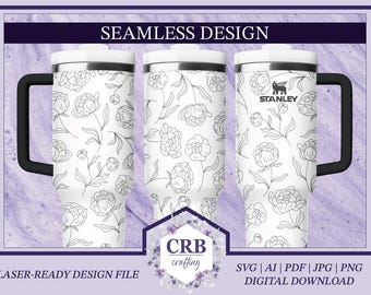 Peony Floral Seamless Tumbler Wrap SVG Vector Laser File | Pretty Flower Pattern Engraving Design for 40 oz Stanley and Other Tumblers