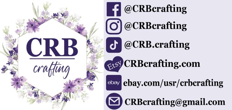 May include: A logo for CRB crafting, featuring a floral wreath in shades of purple and green surrounding a white hexagon with the text "CRB crafting". Social media icons and contact information are listed on the right.