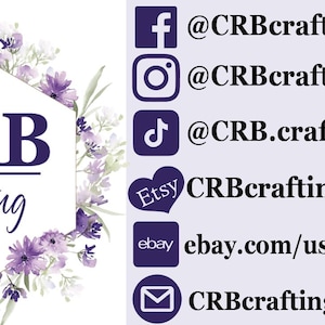 Op de afbeelding: Logo voor CRB crafting, met een bloemmotief in paars en wit. Het logo bevat social media handles voor Facebook, Instagram, TikTok, Etsy, eBay en een e-mailadres.