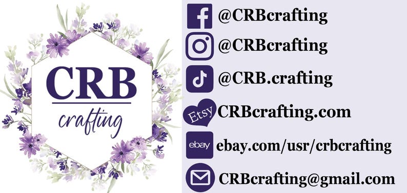 Op de afbeelding: Logo voor CRB crafting, met een bloemmotief in paars en wit. Het logo bevat social media handles voor Facebook, Instagram, TikTok, Etsy, eBay en een e-mailadres.