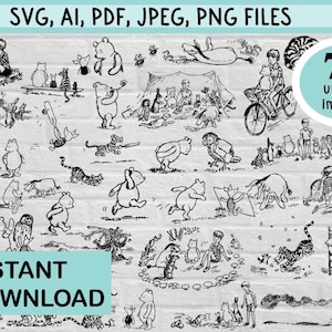 Klassisches Winnie Puuh Digitales Datei-Bundle | 70 einzigartige Vintage-Clipart-Bilder (SVG, PNG, JPG, Adobe & mehr!) | Ferkel, Tiger, Eeyore, Känga