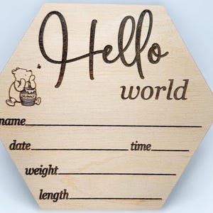 Hello World Wood Birth Announcement Welcome Sign Winnie the Pooh Baby Nursery Decor Custom Newborn Baby Shower Gift Piglet Tiger Eeyore