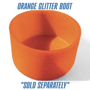 May include: An orange glitter boot, a protective sleeve for a water bottle, is shown against a white background. The text "ORANGE GLITTER BOOT" is printed in blue at the top. The text "*SOLD SEPARATELY*" is printed in blue at the bottom.