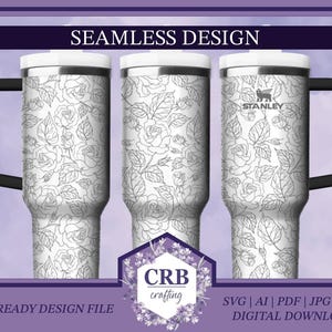May include: A sublimation design featuring a seamless pattern of black and white roses and leaves. The design is shown on a white tumbler with a black handle. The design is perfect for creating custom tumblers, mugs, and other items.