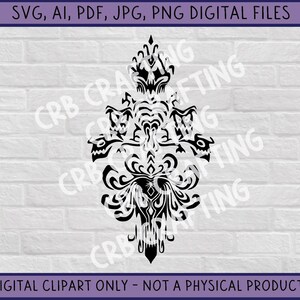 May include: A black and white digital clipart design featuring an ornate, symmetrical pattern. The design includes swirling lines and stylized floral elements. Text at the top reads "SVG, AI, PDF, JPG, PNG DIGITAL FILES." The bottom text says "DIGITAL CLIPART ONLY - NOT A PHYSICAL PRODUCT."