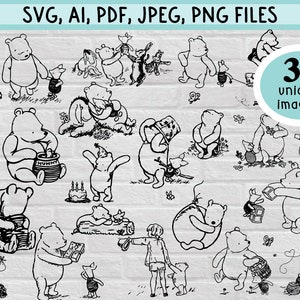 Klassisches Winnie Puuh Digitales Datei-Bundle | 38 Einzigartige, unterschiedliche Bilder (SVG, PNG, JPG, Adobe und mehr!) | Ferkel, Tiger, Eeyore, Hase