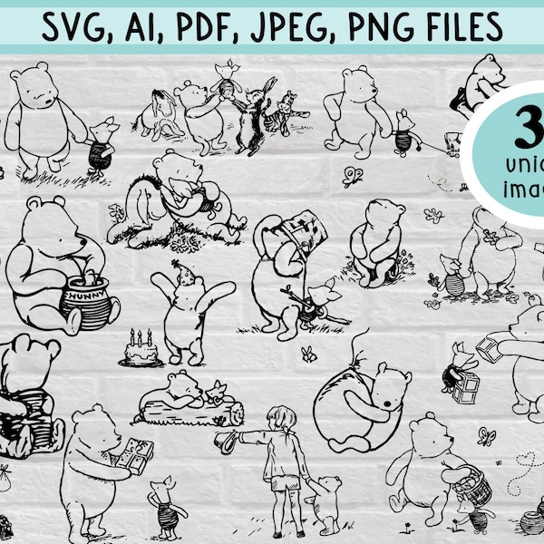 Classic Winnie the Pooh Digital File Bundle | 38 Unique, Different Images (SVG, PNG, JPG, Adobe and more!) | Piglet, Tiger, Eeyore, Rabbit