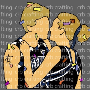 May include: A couple in cheerleading uniforms with black and white stripes, holding each other close. They are both wearing colorful sticky notes on their hair. The man has a tattoo on his arm that says "有".