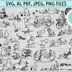 Paquete de archivos digitales clásicos de Winnie the Pooh / 70 imágenes prediseñadas vintage únicas (SVG, PNG, JPG, Adobe y más) / Piglet, Tiger, Eeyore, Kanga