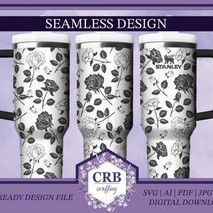 May include: A seamless design featuring black and white roses and leaves on a white background. The design is shown on a stainless steel tumbler with a black lid and handle. The tumbler is a popular choice for coffee, tea, and other beverages.