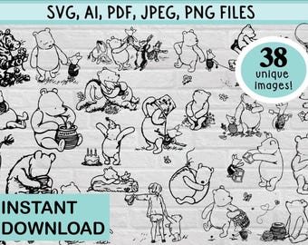 Classic Winnie the Pooh Bear Digital File Bundle Instant Download Clipart Vector Images (SVG, PNG, JPG, Adobe) Piglet Tiger Eeyore Rabbit