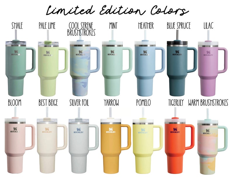 Puede incluir: Una colecci&oacute;n de 12 tazas de viaje de acero inoxidable con varios colores y patrones. Las tazas tienen un asa y una tapa con una pajita. Los colores incluyen esquisto, lima p&aacute;lida, pinceladas serenas y frescas, menta, brezo, abeto azul, lila, floraci&oacute;n, beige claro, papel de aluminio plateado, milenrama, pomelo, lirio tigre y pinceladas c&aacute;lidas.