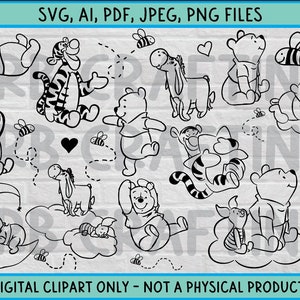Paquete de archivos digitales de Winnie the Pooh / Diseños clásicos y vintage de Pooh / SVG, PNG, JPG, Adobe y más / Sleepy Time Piglet, Tiger, Eeyore