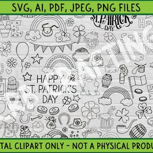 May include: Black and white line art clip art featuring St. Patrick's Day themed illustrations.  The illustrations include shamrocks, rainbows, leprechauns, pots of gold, beer mugs, and the text "Happy St. Patrick's Day".