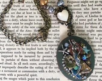 Hand Painted Mermaid Vintage Assemblage Locket with Opal and Freshwater Pearls OOAK by Seditious Jewelry