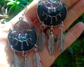 Black Moon Tree of Life Dangle Earrings