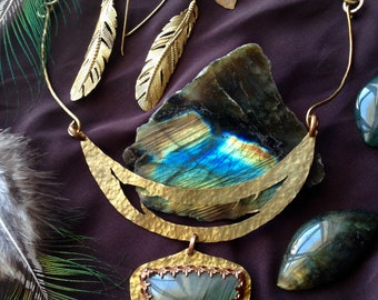 Labradorite Feather Brass Necklace with Feather Earrings Set