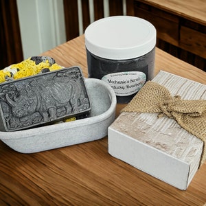Kentucky Bourbon Scented All-in-One Handmade Gift Set for Men - Rhino Soap Bar, Mechanic Scrub Jar, and Soap Saver Bag - Perfect for Gifting