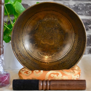 9&quot; Ganesh Carved Singing Bowl || Premium Singing Bowl || Hand-etched || Hand-Hammered || Tibetan SInging Bowl