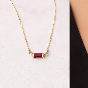 14k 18k Baguette Genuine Ruby Necklace, Real Solid Gold Solitaire Ruby Baguette Necklace, Dainty Ruby Necklace Gift For