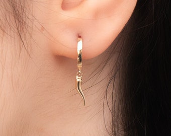 14K & 18K Solid Gold Hoop Earrings with Italian Horn Pepper Charms, Yellow Rose White Gold, Minimalist Dangling Horn Earrings Gift for Her