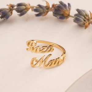 14k 18k Solid Gold Personalized Two Name Ring, Custom Script Name Adjustable Wrap Ring