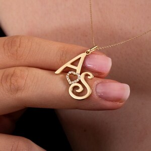 Two Initials Necklace, Couples Pendant, 14K 18K Real Gold Double ...