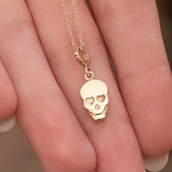 Skull Heart Eyes Urn Necklace in 14K 18K Solid Gold, Sugar Skull Cremation Jewelry, Personalized Skeleton Pedant, Ashes Holder For Human