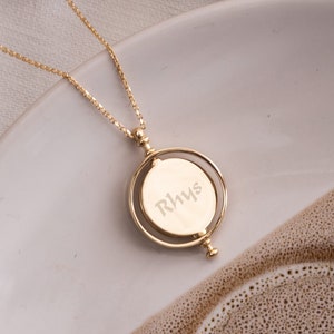 14K/18K Solid Custom Engrave Spinning Disk Necklace, Personalized Dainty Charm Pendant, Gold 2 Side Engravable Medallion, Best Gift For Her