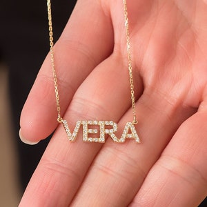 Pave Diamond Custom Name Necklace 14K Solid Gold, Diamond Cz Letter Word Necklace, Personalized Name Gift For Her, Customized Diamond Name