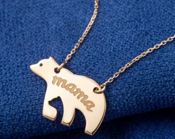 Personalized Mama Bear Necklace with Baby Bear Silhouette, Mama Bear and Baby Bear Name Necklace, Mothers Name Necklace Gift For Mom New Mom