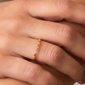 Anillo de oro macizo de 14 quilates y 18 quilates para mamá, anillo de oro con piedra natal de circonita cúbica y escritura a mano, anillo de oro para mamá primeriza, regalo perfecto para abuelas