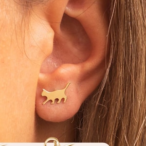 14K 18K Gold Cat Stud Earrings, Dainty Gold Kitty Earrings for Cat Lovers, Pet Lovers Stud Earrings. Tiny Kitten Earring, Gift For Cat Lover