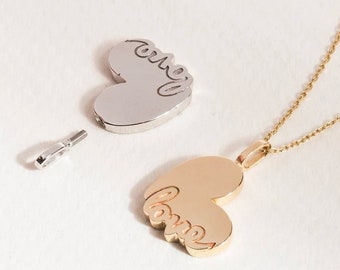 14K 18K Solid Gold Heart Cremation Urn Pendant, Personalized Ashes Holder Memorial Heart Necklace, Name Date Engraved Urn Heart Pendant