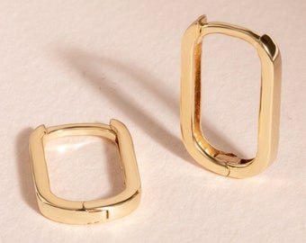 Oval Hoop Earrings in 14K 18K Solid Gold, 8mm 10mm 13mm Huggies Tiny Gold Hoop Earrings, Everyday Geometric Rectangle Hoop Earrings for Her