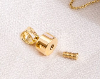 Fillable Personalized Memorial Tiny Cylinder Pendant in 14K Yellow Gold, Custom Initial engraved Mini Cremation Urn Necklace Pet Human Ashes