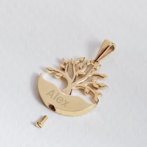 Engraved Tree of Life Urn Pendant Necklace in 10K 14K 18K Solid Gold, Human Ashes Necklace, Tree of Life Cremation Memorial Urn Ash Pendant