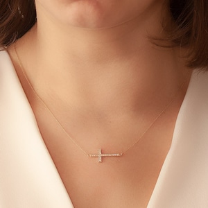 Gold Sideways Cross Necklace with Diamond or Cz, Rose Gold Celebrity Cross Necklace Dainty Cross Choker Mother&#39;s Day Gift
