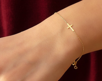 14K Solid Gold Sideways Cross Bracelet, 18K Solid Gold Stylish Tiny Cross Bracelet, Yellow Rose or White Gold Dainty Cross Faith Bracelet