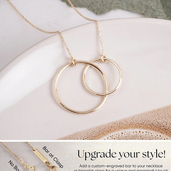 14K 18K Solid Gold Interlocking Double Circle Necklace, Entwined Choker Infinity Pendant