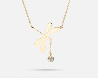 Dainty Diamond or Cz Dragonfly Necklace 14K 18K Solid Gold, April Birthstone Dragonfly Summer Jewelry, Dangling Diamond Insect Bug Necklace