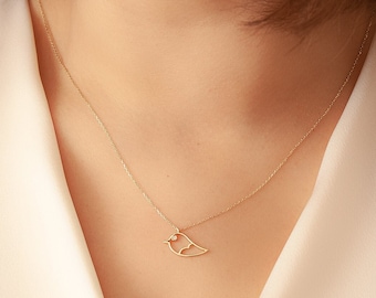 14k 18k Solid Gold Diamond Bird Necklace, Diamond Bird Pendant