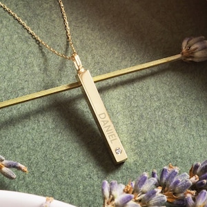 Vertical 14K 18K Real Gold Diamond Urn Pendant, Engrave Custom Handwriting 4 Side Urn Bar Pendant Necklace, Personalize Memorial Necklace